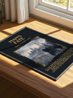 Man's Fate Minimalist Book Poster by Andre Malraux – print on a sunlit desk