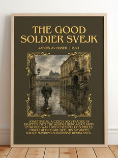 The Good Soldier Švejk Minimalist Book Poster by Jaroslav Hašek – framed print leaning on a wooden floor