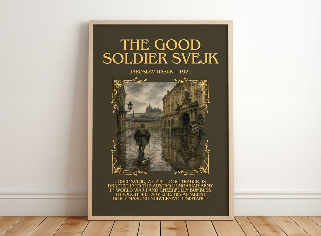 The Good Soldier Švejk Minimalist Book Poster by Jaroslav Hašek – framed print leaning on a wooden floor