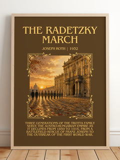 The Radetzky March Minimalist Book Poster by Joseph Roth – framed print leaning on a wooden floor