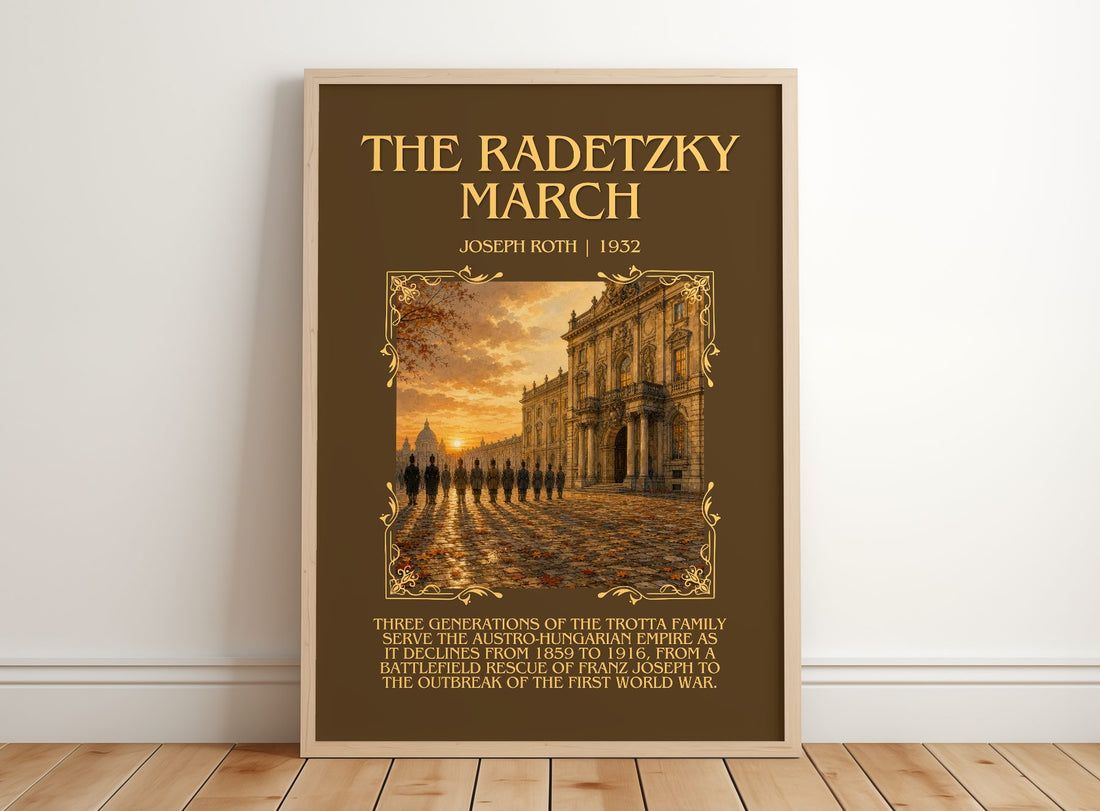 The Radetzky March Minimalist Book Poster by Joseph Roth – framed print leaning on a wooden floor