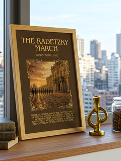 The Radetzky March Minimalist Book Poster by Joseph Roth – framed print on a city-view windowsill