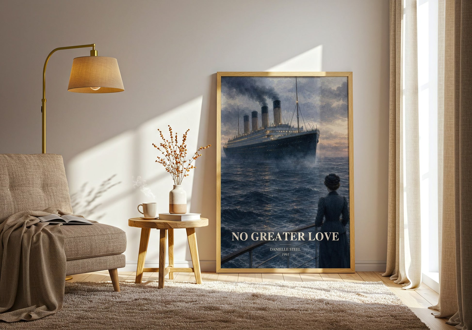 No Greater Love watercolour print in frame leaning in hallway – romance wall art