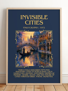 Invisible Cities Minimalist Book Poster by Italo Calvino – framed print leaning on a wooden floor