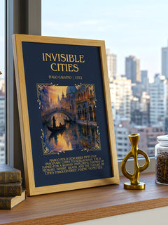 Invisible Cities Minimalist Book Poster by Italo Calvino – framed print on a city-view windowsill