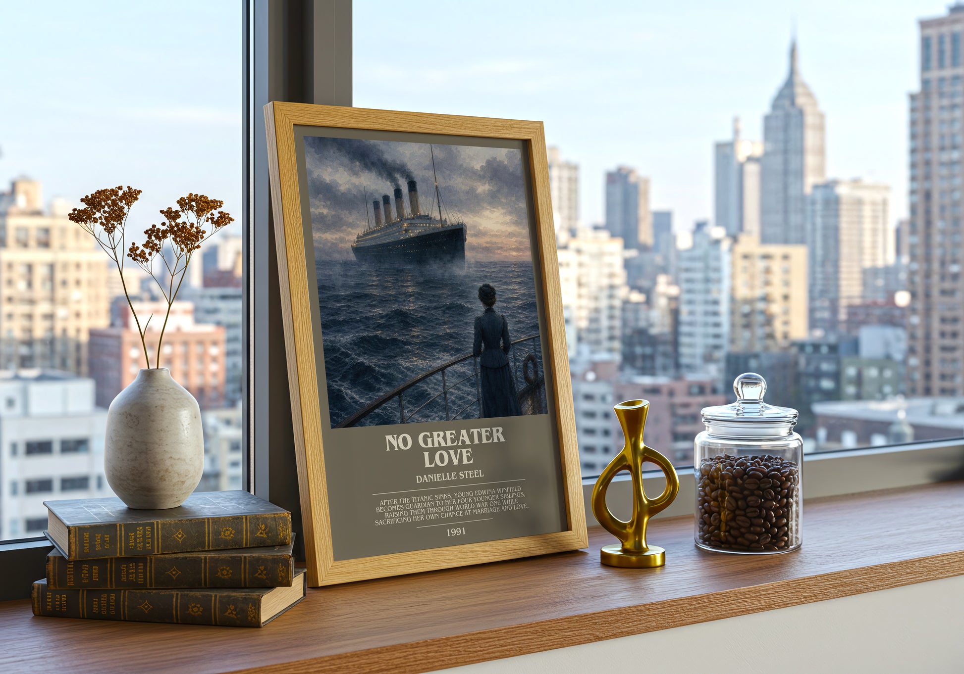 No Greater Love bookish print framed by window – literary home decor