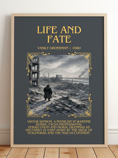 Life and Fate Minimalist Book Poster by Vasily Grossman – framed print leaning on a wooden floor