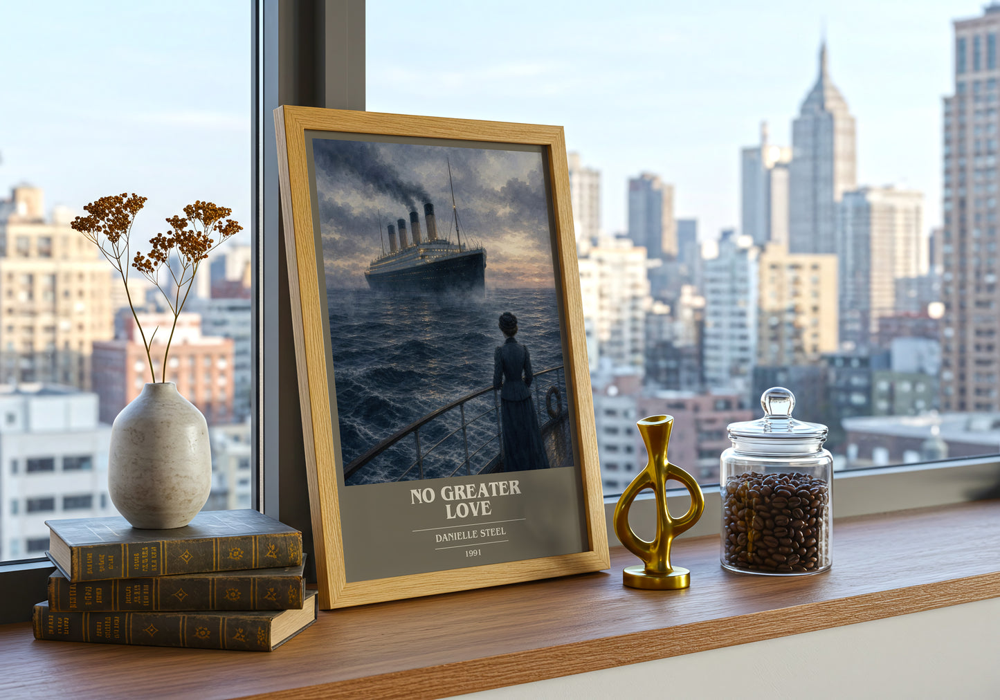 No Greater Love book cover print framed by window – literary home decor