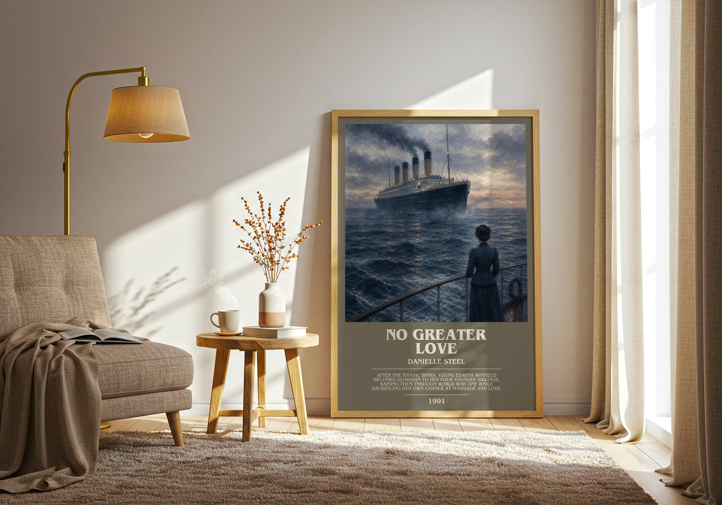 No Greater Love bookish print on bookshelf – Danielle Steel fan gift