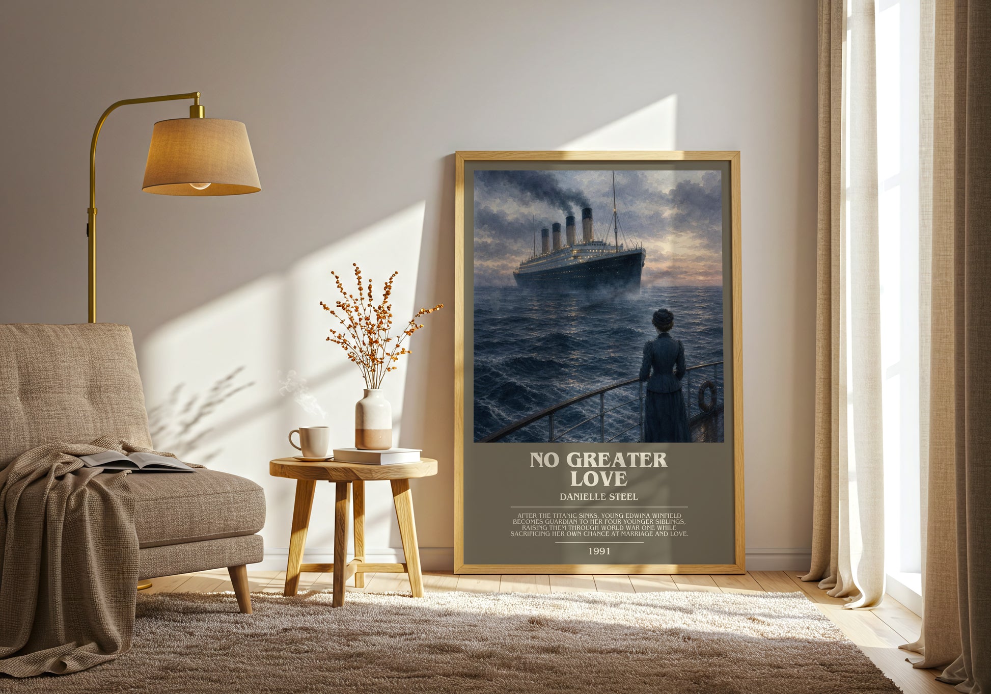 No Greater Love bookish print on bookshelf – Danielle Steel fan gift