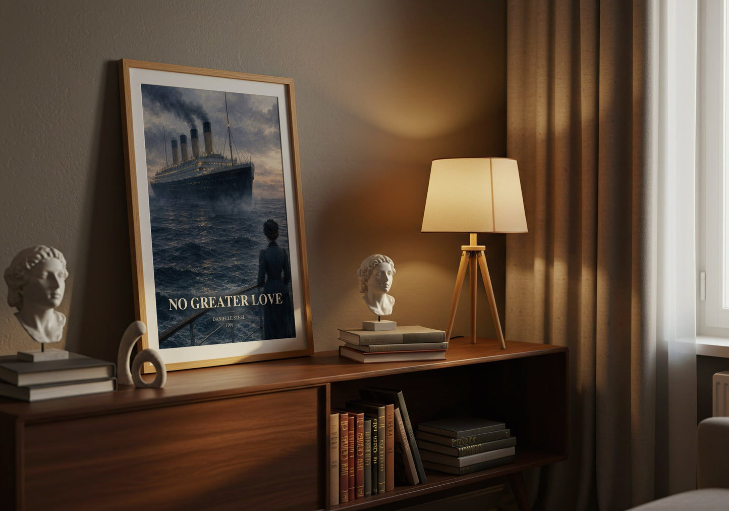 No Greater Love watercolour print on bookshelf – Danielle Steel fan gift