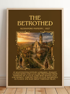 The Betrothed Minimalist Book Poster by Alessandro Manzoni – framed print leaning on a wooden floor
