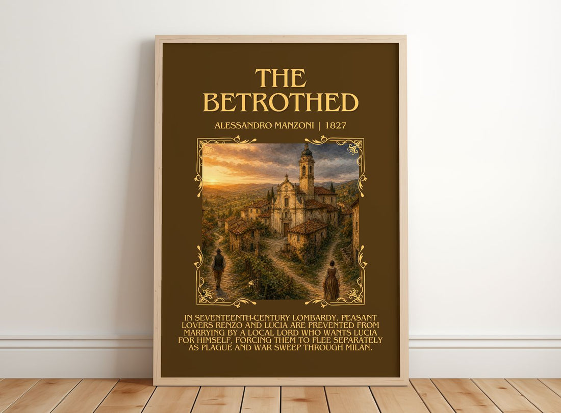 The Betrothed Minimalist Book Poster by Alessandro Manzoni – framed print leaning on a wooden floor