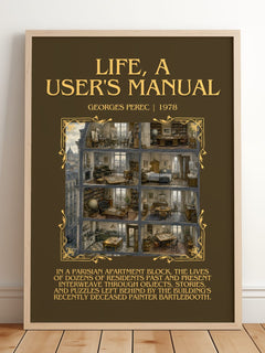Life, a User's Manual Minimalist Book Poster by Georges Perec – framed print leaning on a wooden floor
