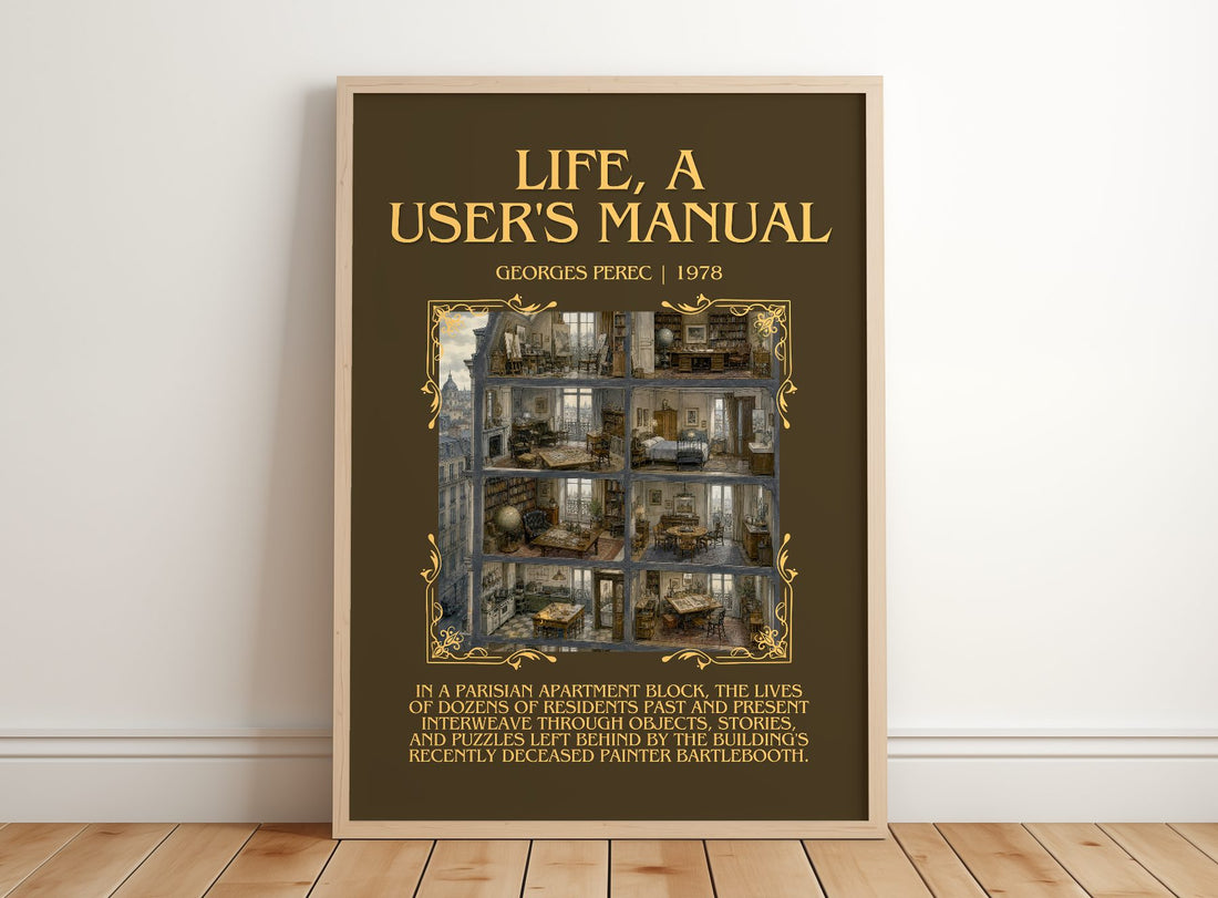 Life, a User's Manual Minimalist Book Poster by Georges Perec – framed print leaning on a wooden floor