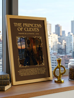 The Princess of Cleves Minimalist Book Poster by Madame de La Fayette – framed print on a city-view windowsill