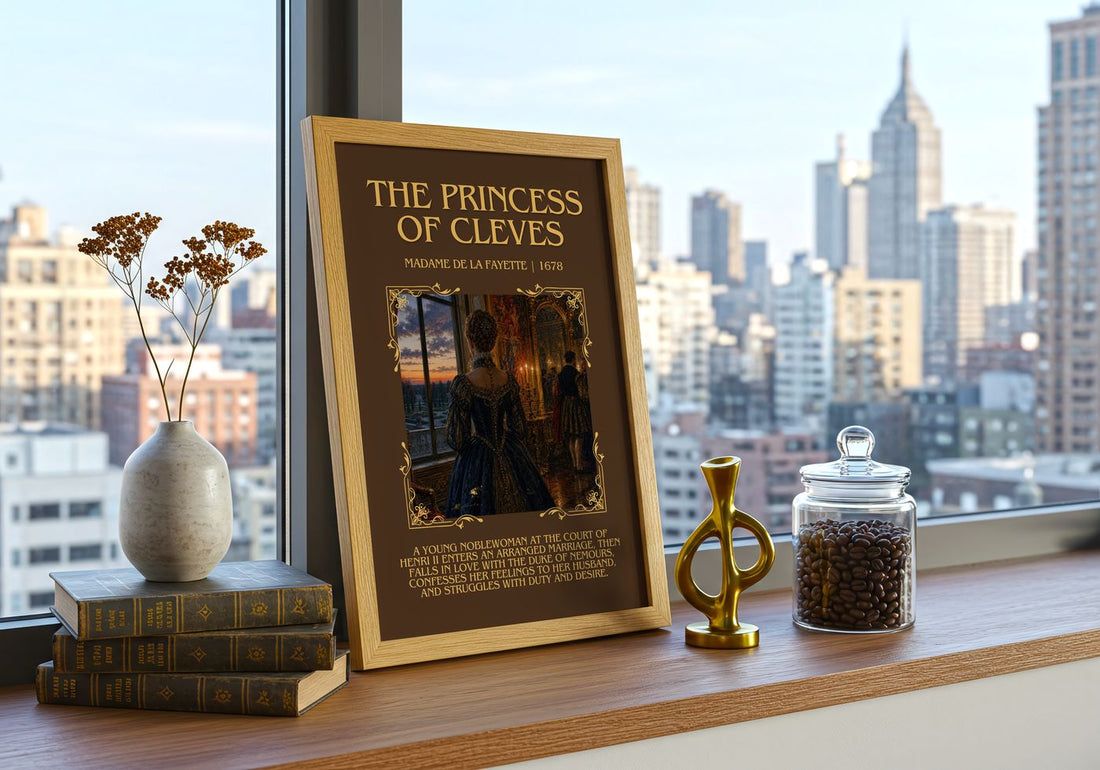 The Princess of Cleves Minimalist Book Poster by Madame de La Fayette – framed print on a city-view windowsill