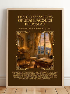 The Confessions of Jean-Jacques Rousseau Minimalist Book Poster by Jean-Jacques Rousseau – framed print leaning on a wooden floor