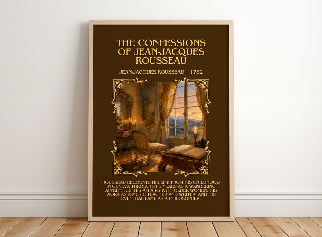 The Confessions of Jean-Jacques Rousseau Minimalist Book Poster by Jean-Jacques Rousseau – framed print leaning on a wooden floor
