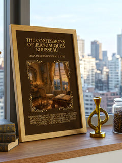 The Confessions of Jean-Jacques Rousseau Minimalist Book Poster by Jean-Jacques Rousseau – framed print on a city-view windowsill