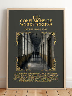 The Confusions of Young Törless Minimalist Book Poster by Robert Musil – framed print leaning on a wooden floor