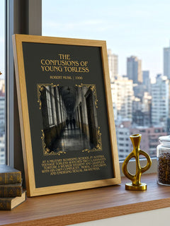 The Confusions of Young Törless Minimalist Book Poster by Robert Musil – framed print on a city-view windowsill