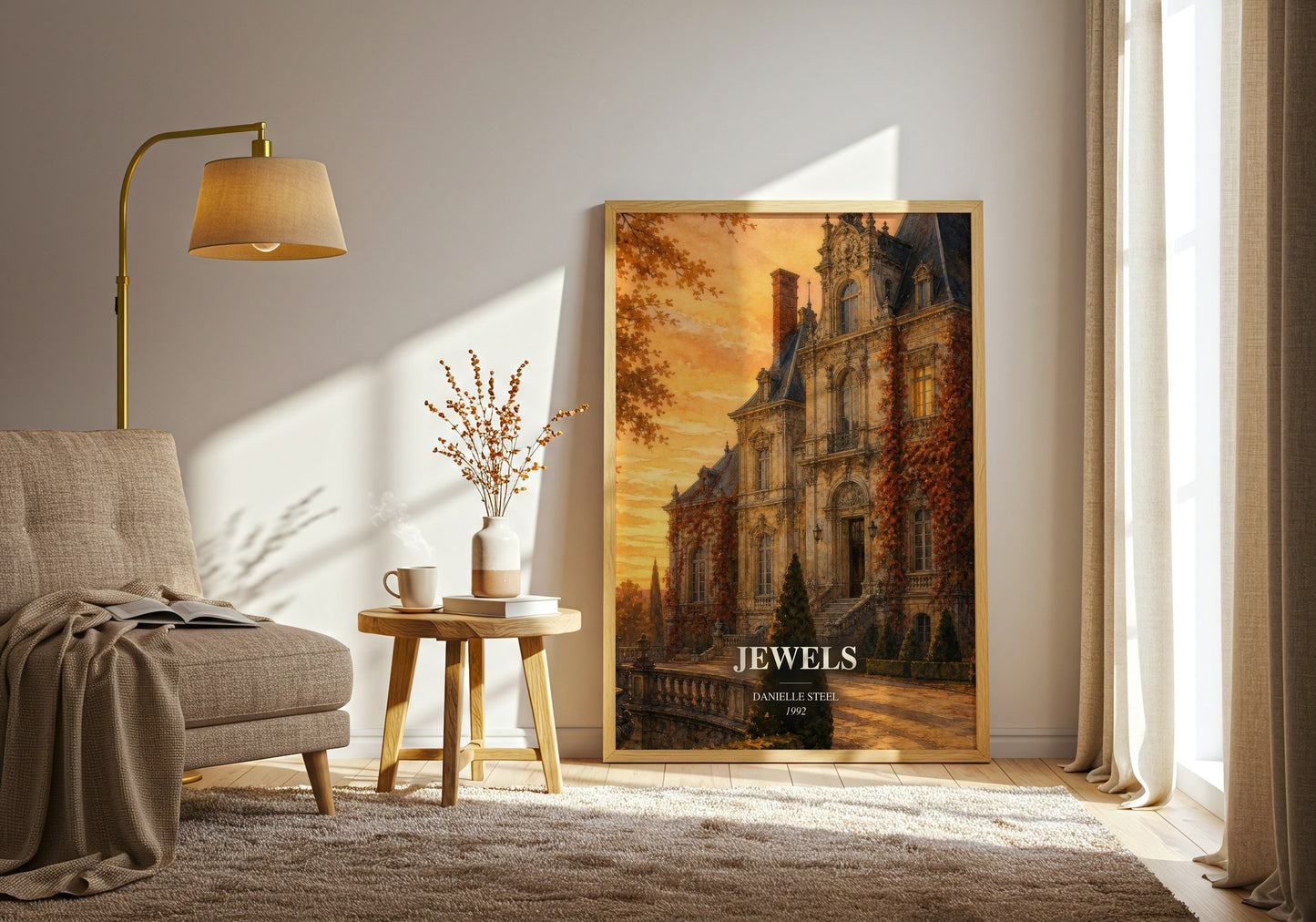 Jewels watercolour print in frame leaning in hallway – historical fiction wall art