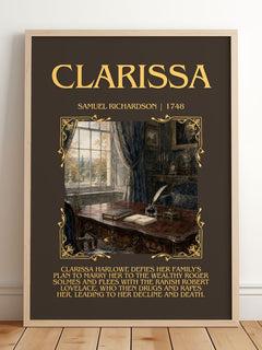 Clarissa Minimalist Book Poster by Samuel Richardson – framed print leaning on a wooden floor