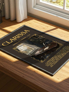 Clarissa Minimalist Book Poster by Samuel Richardson – print on a sunlit desk