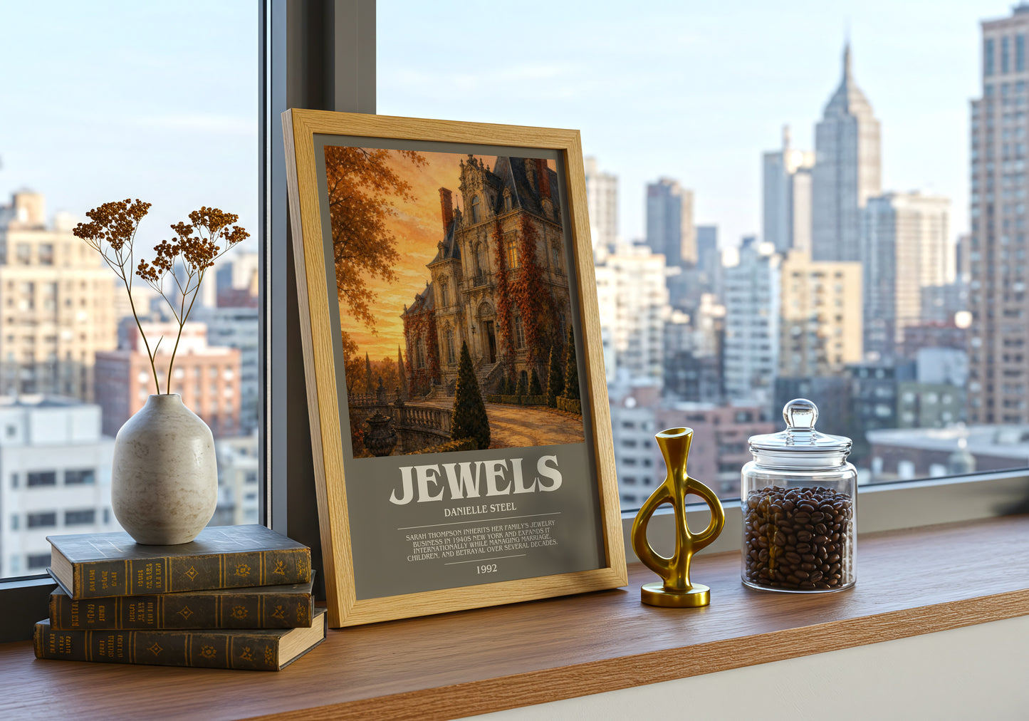 Jewels bookish print framed by window – literary home decor