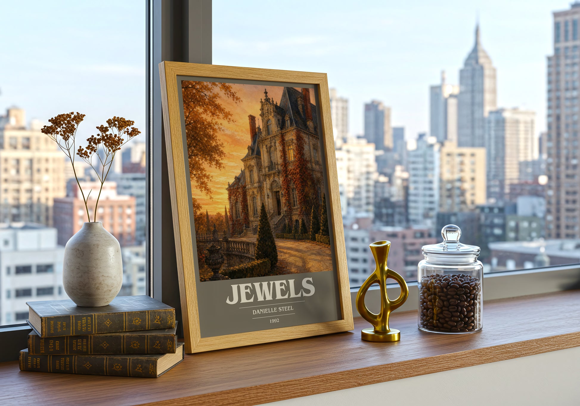 Jewels book cover print framed by window – literary home decor