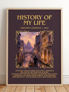 History of My Life Minimalist Book Poster by Giacomo Casanova – framed print leaning on a wooden floor