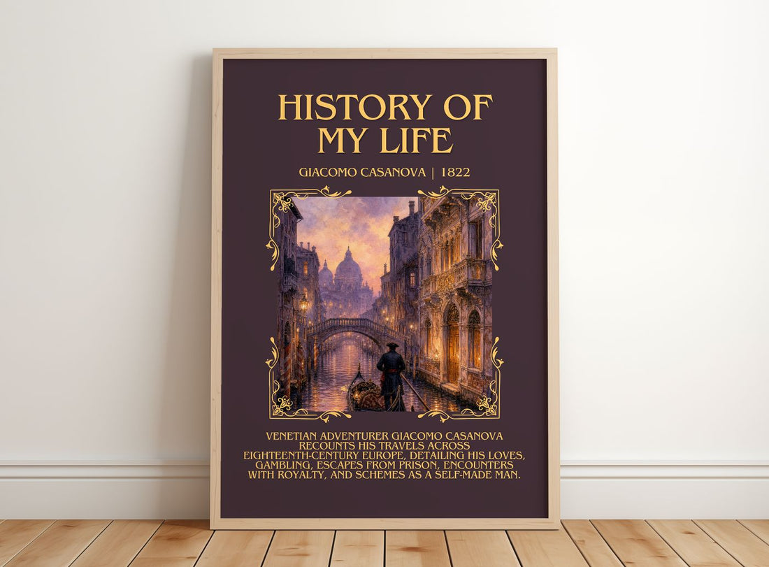 History of My Life Minimalist Book Poster by Giacomo Casanova – framed print leaning on a wooden floor