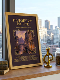 History of My Life Minimalist Book Poster by Giacomo Casanova – framed print on a city-view windowsill