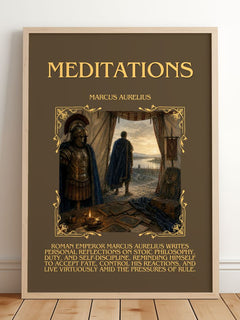 Meditations Minimalist Book Poster by Marcus Aurelius – framed print leaning on a wooden floor