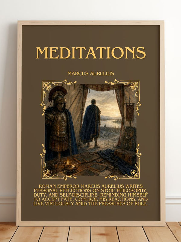 Meditations Minimalist Book Poster by Marcus Aurelius – framed print leaning on a wooden floor