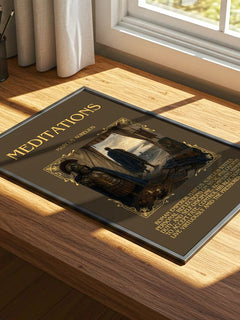 Meditations Minimalist Book Poster by Marcus Aurelius – print on a sunlit desk