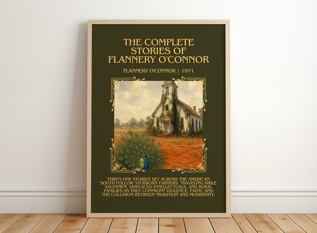 The Complete Stories of Flannery O'Connor Minimalist Book Poster by Flannery O'Connor – framed print leaning on a wooden floor