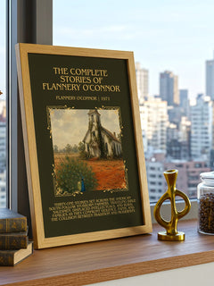 The Complete Stories of Flannery O'Connor Minimalist Book Poster by Flannery O'Connor – framed print on a city-view windowsill