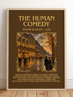 The Human Comedy Minimalist Book Poster by Honoré de Balzac – framed print leaning on a wooden floor