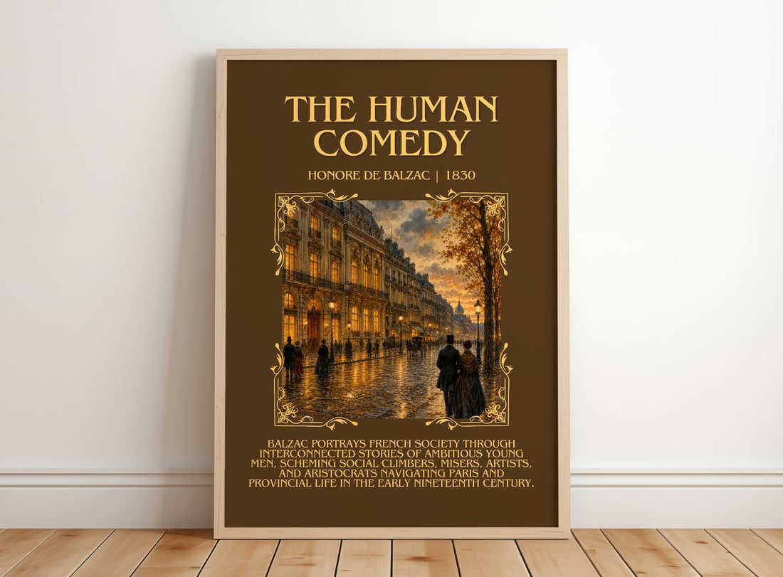 The Human Comedy Minimalist Book Poster by Honoré de Balzac – framed print leaning on a wooden floor