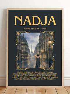 Nadja Minimalist Book Poster by André Breton – framed print leaning on a wooden floor