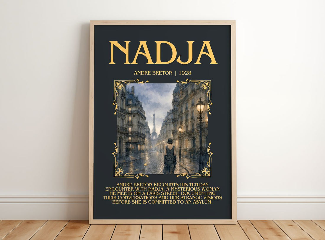 Nadja Minimalist Book Poster by André Breton – framed print leaning on a wooden floor