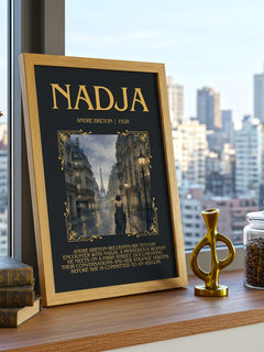 Nadja Minimalist Book Poster by André Breton – framed print on a city-view windowsill