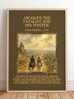Jacques the Fatalist and His Master Minimalist Book Poster by Denis Diderot – framed print leaning on a wooden floor
