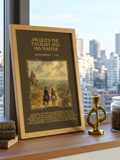 Jacques the Fatalist and His Master Minimalist Book Poster by Denis Diderot – framed print on a city-view windowsill