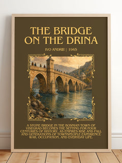 The Bridge on the Drina Minimalist Book Poster by Ivo Andrić – framed print leaning on a wooden floor