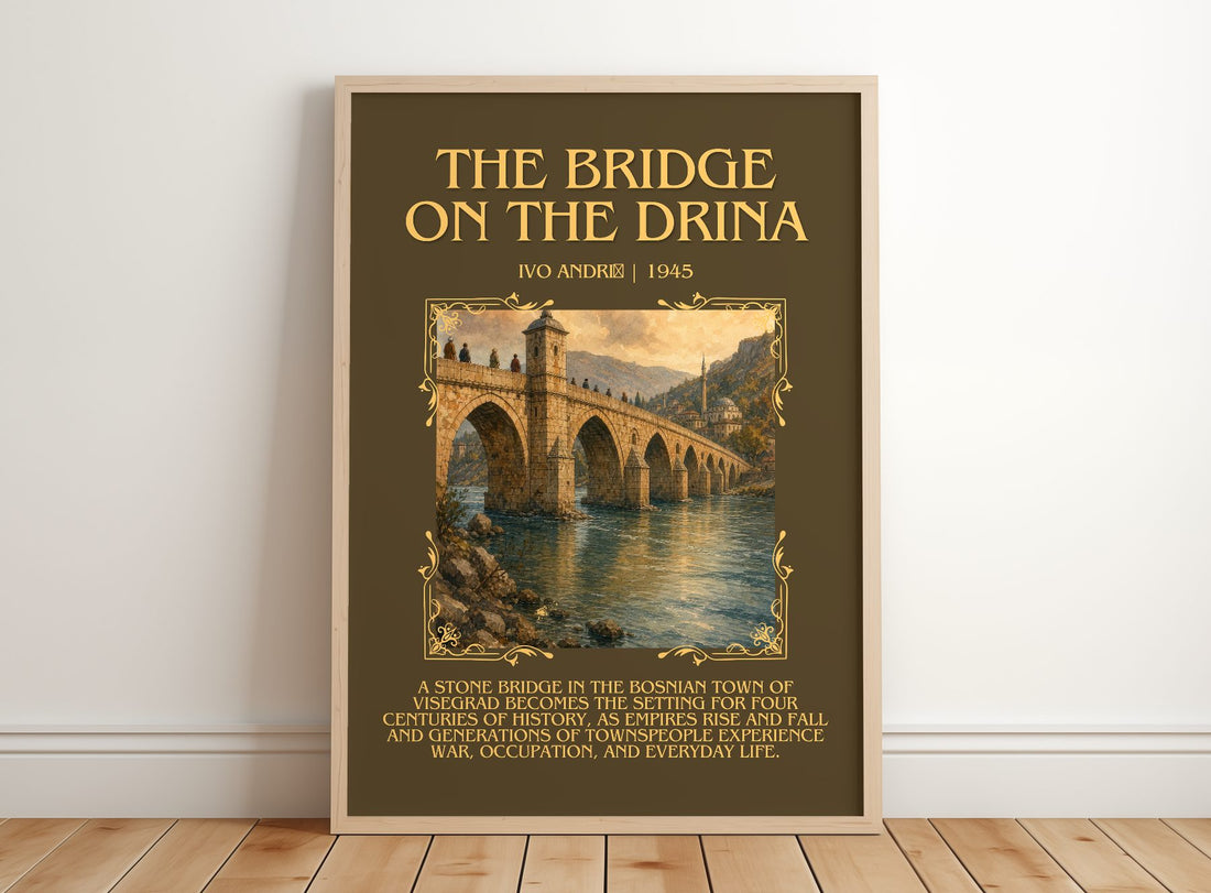 The Bridge on the Drina Minimalist Book Poster by Ivo Andrić – framed print leaning on a wooden floor