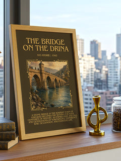 The Bridge on the Drina Minimalist Book Poster by Ivo Andrić – framed print on a city-view windowsill