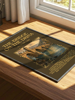 The Bridge on the Drina Minimalist Book Poster by Ivo Andrić – print on a sunlit desk